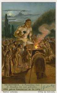 Prometheus teaching man how to use fire by European School